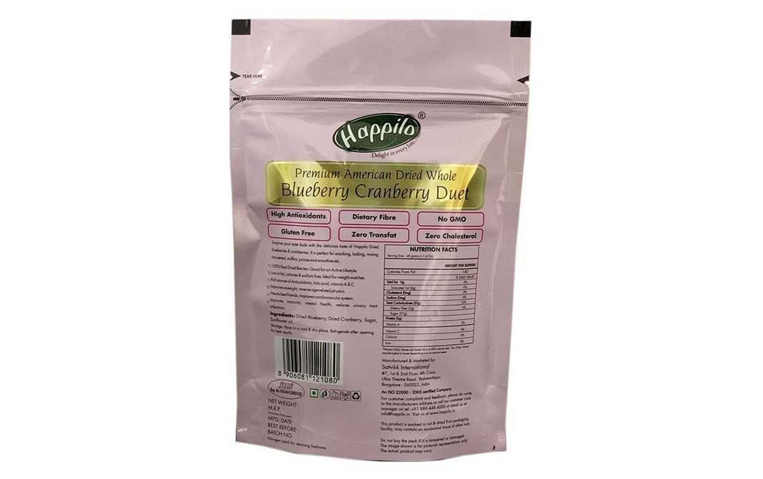 Happilo Premium American Dried Whole Blueberry Cranberry Duet   Pack  200 grams